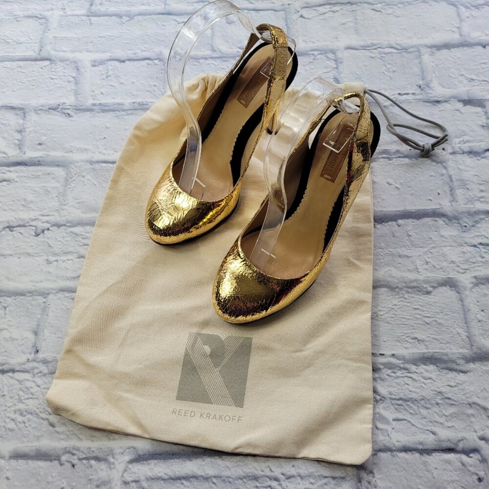 Reed Krakoff Crackled Gold Stiletto Slingback Platform Pumps size 6 1/2 - Picture 3 of 16